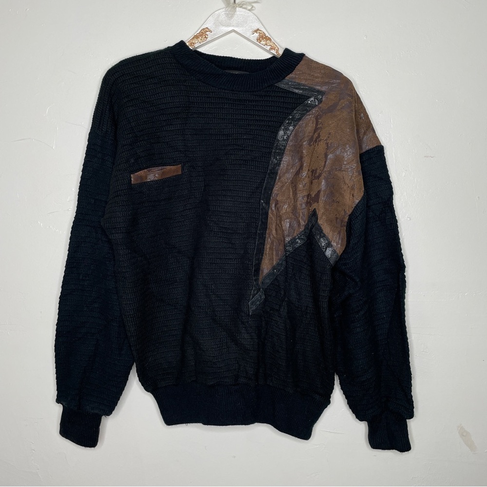 ANDRE FRANCOIS RARE FAUX LEATHER SNAKESKIN PATCHWORK PULLOVER BLACK SWEATER SZ L
